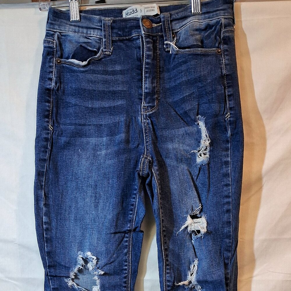 Mudd Flex Stretch High Rise Jegging Jeans Size 5 Dark Wash Heavy Distressed